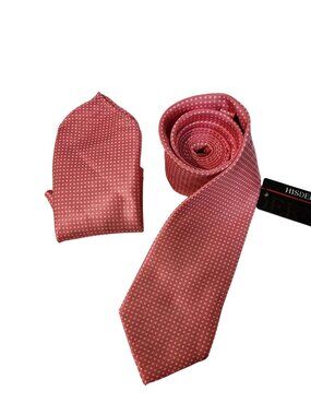HISDERN Mens Pink Polka Dot Tie & Pocket Square Set For Formal Wear NWT